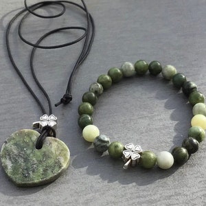 Connemara Marble Shamrock Bracelet & Heart Pendant: Irish Jewelry