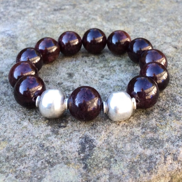 Chunky Garnet bracelet. Sterling silver beads Irish jewelry gift. Garnet bracelet. Statement bracelet 14mm garnet beads. Gemstone bracelet