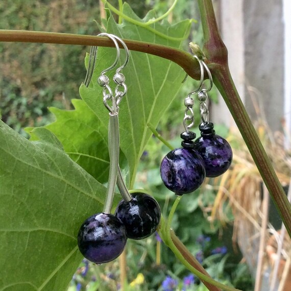 Sterling Silver Purple Charoite Earrings Double Stone Grape Swirl Sterling Silver Purple Charoite Earrings Double Stone Grape Swirl
