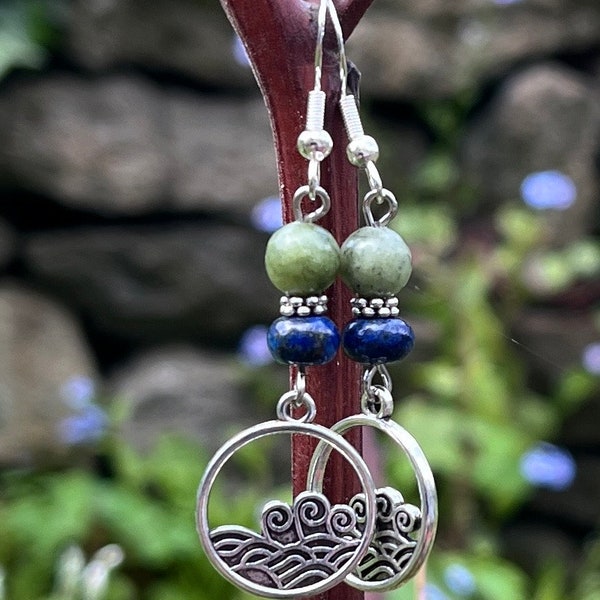 Wild Atlantic Way Connemara marble and Lapis lazuli earrings with wave charm Irish made jewelry craft gift. Irish souvenir. Sea themed gift