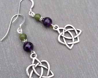 Connemara marble earrings with amethyst. Quality designer Irish Celtic Jewelry National gemstone Made in Ireland traditional Irish earrings