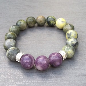 Connemara marble bracelet , lepidolite bracelet chunky 12mm Connemara bead stretch bracelet. Irish stone jewelry gift. Made in Ireland