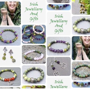 May include: A collage of images featuring Irish jewelry and gifts. The images include bracelets made with green and purple stones, earrings with Celtic knot designs, and a woman wearing a green stone bracelet. The text "Irish Jewellery And Gifts" appears in several of the images.
