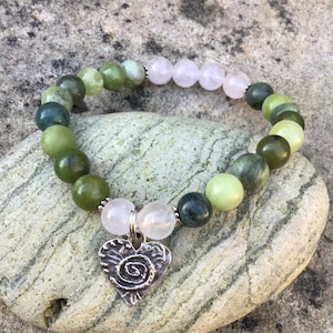 Connemara marble rose quartz bracelet with Celtic spiral heart charm.Celtic Design jewellery Mothers Day Irish Jewellery gifts for women
