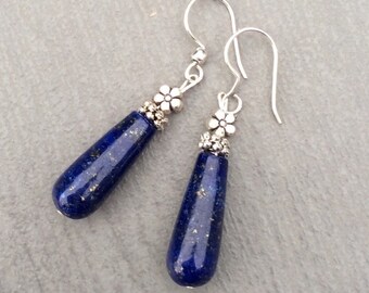 Long Lapis lazuli silver drop earrings. Irish Scottish gemstone jewellery craft. Irish made Jewelry Ultramarine Blue earrings Blue gemstone