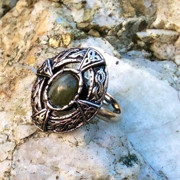Connemara marble antique silver celtic ring. Irish Scottish Jewelry. Connemara marble ring.Celtic cross ring. High cross.Celtic knot design
