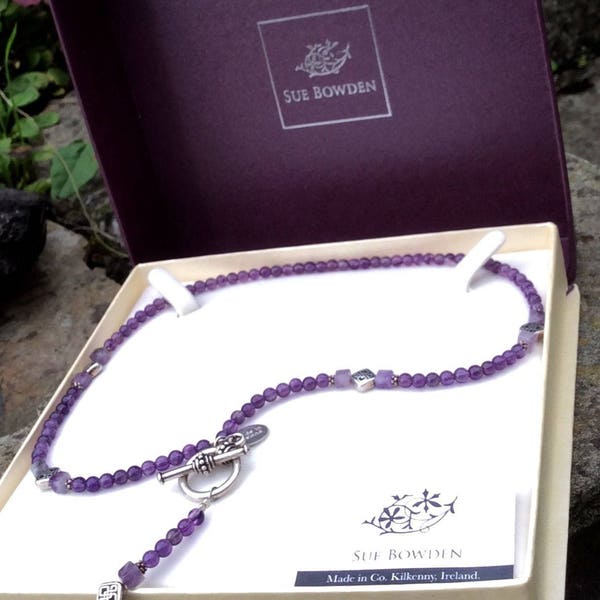 Amethyst necklace. Front opening Y necklace. Irish designed and made. Purple gemstone necklace. Irish designer Jewelry Sue Bowden