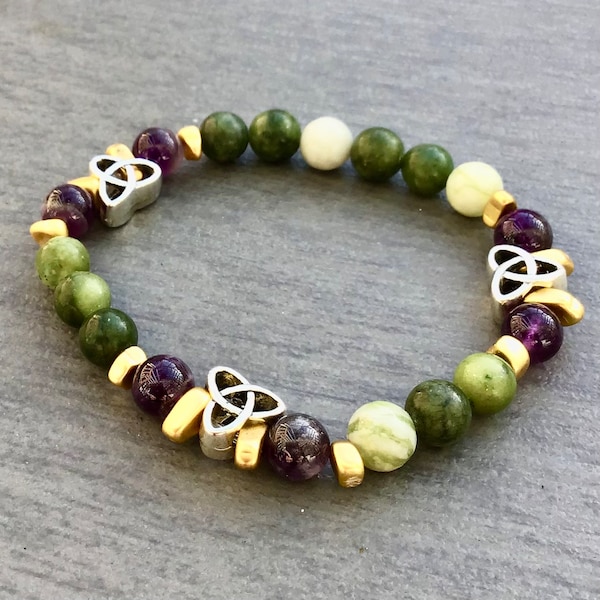 Connemara marble Amethyst Celtic Trinity Triskele stretch bracelet with gold nuggets. Irish gift jewelry Rose Quartz bracelet Irish made