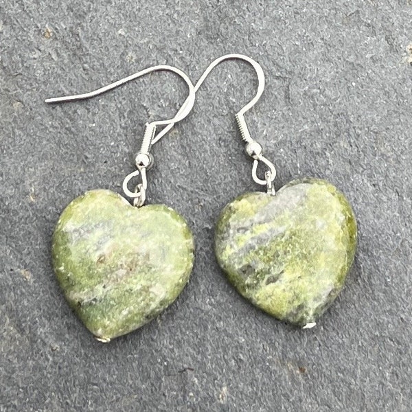 Connemara marble heart earrings. Irish gifts for women. Irish Jewelry Mothers Day gift. Valentines gift. Hand carved beads. Made in Ireland