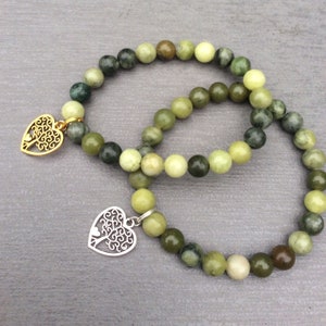 Connemara Marble, Irish tree of life in heart stretch bracelet. Irish gift gemstone Jewelry Mothers Day Valentine’s gift. Gold silver finish