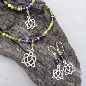 Connemara marble necklace bracelet earrings set. Quality Irish Celtic Jewelry. Made in Ireland with amethyst heirloom necklace