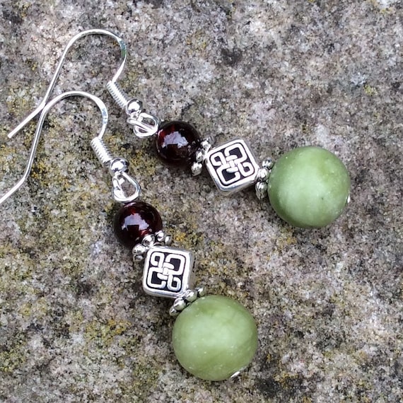 Connemara Marble. Garnet Celtic Earrings. Irish Made Jewellery