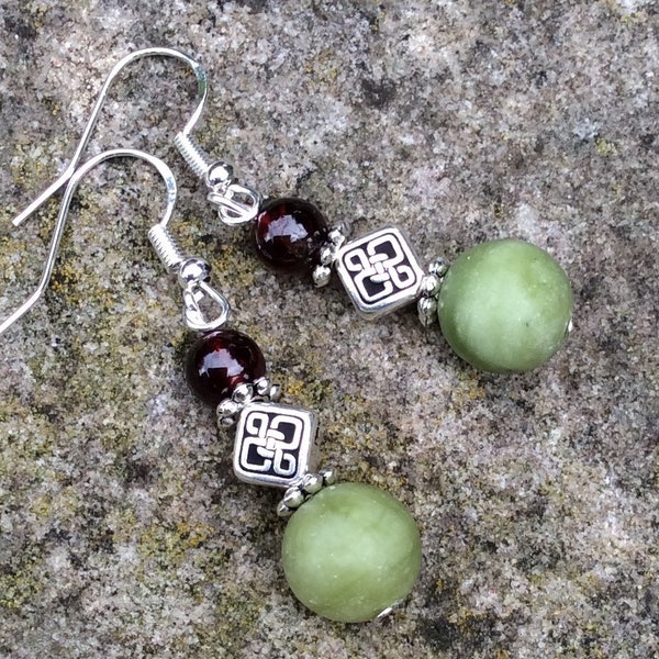 Connemara marble. Garnet Celtic earrings. Irish made jewellery gift. Sterling silver wires. Traditional Irish design. Irish marble. Boxed