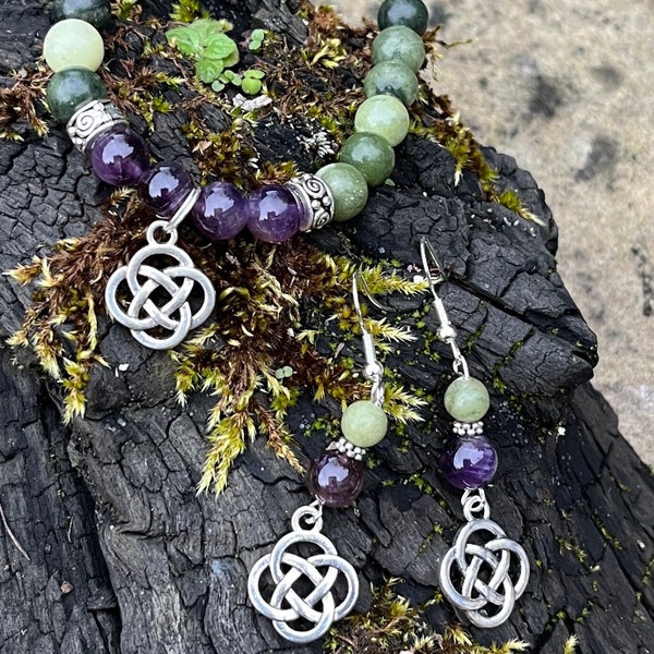 Connemara marble and amethyst bracelet with Celtic knot charm. Celtic gemstone Irish Jewelry  Irish gift. Mother’s Day , Aquarius birthstone