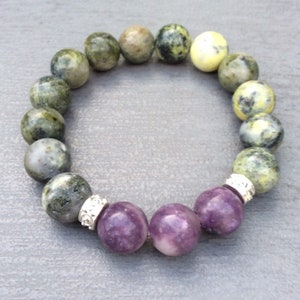Connemara marble bracelet , lepidolite bracelet chunky 12mm Connemara bead stretch bracelet. Irish stone jewelry gift. Made in Ireland