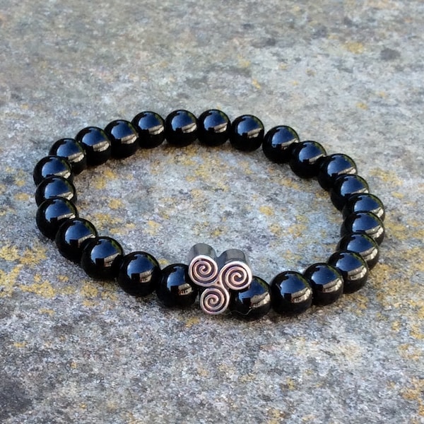 Men's women's shiny black onyx bead stone bracelet Celtic Newgrange triple spiral Irish Jewelry Connemara marble Newgrange spiral bracelet