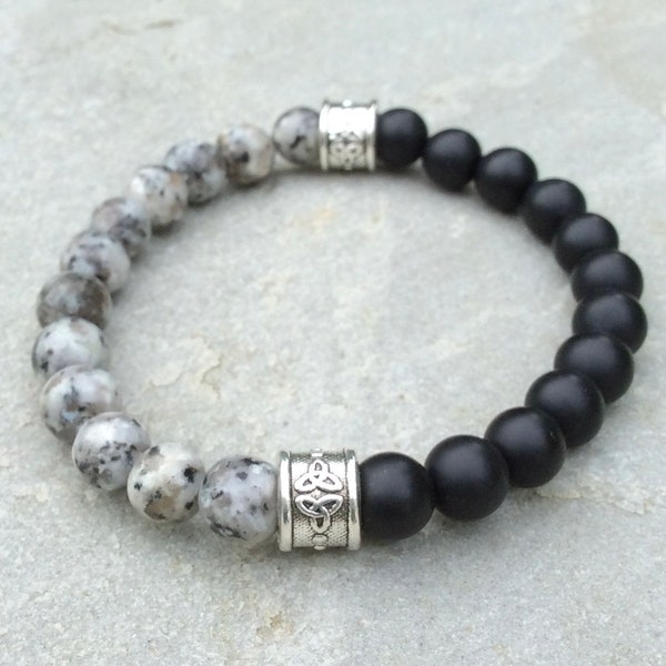 Granite and black onyx Mens bracelet. Celtic trinity knot beads. Irish Jewelry gift craft. Irish geology gift. Made in Ireland Irish art