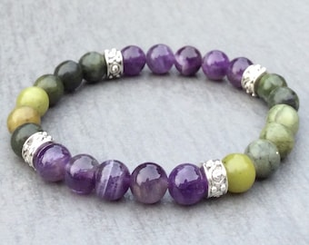 Connemara Marmor und Amethyst Armband Color Block Perlen . Keltischer Edelstein Irisches Schmuck Geschenk. Muttertag Wassermann Geburtsstein