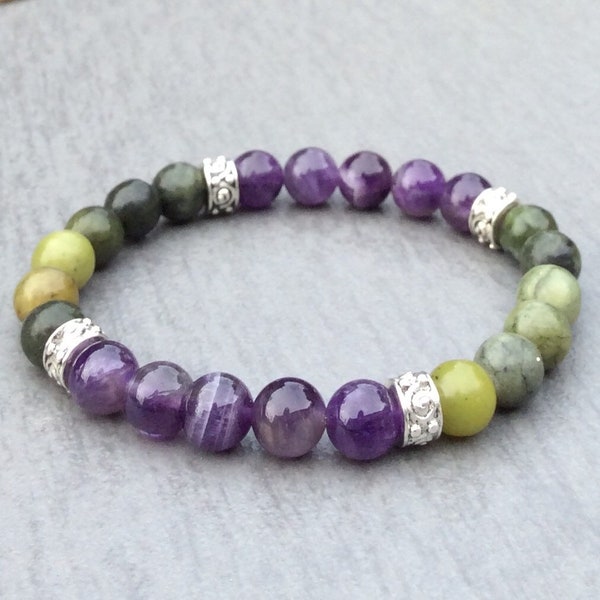Connemara marble and amethyst bracelet Color block beads. Celtic gemstone Irish Jewelry  Irish gift. Mothers Day Aquarius birthstone