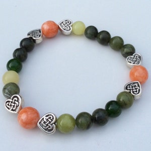 Connemara marble, orange jade bracelet.Irish Design Celtic heart Jewelry. Irish flag colors Jewellery. Connemara bracelet Irish Souvenir