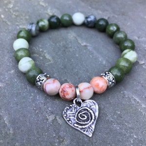 Connemara marble Cork marble Mothers Day stretch bracelet with Celtic spiral heart. Irish jewelry Celtic beads. Ireland gift.