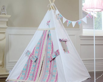 Alice Teepee Package Includes Teepee,Poles,Flags Banner, LED Lights,Storage Bag, Tipi, Girls Room Decor