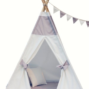 Gray & White Teepee Package includes teepee with floor, window, pocket, LED light, flags banner, storage bag image 2