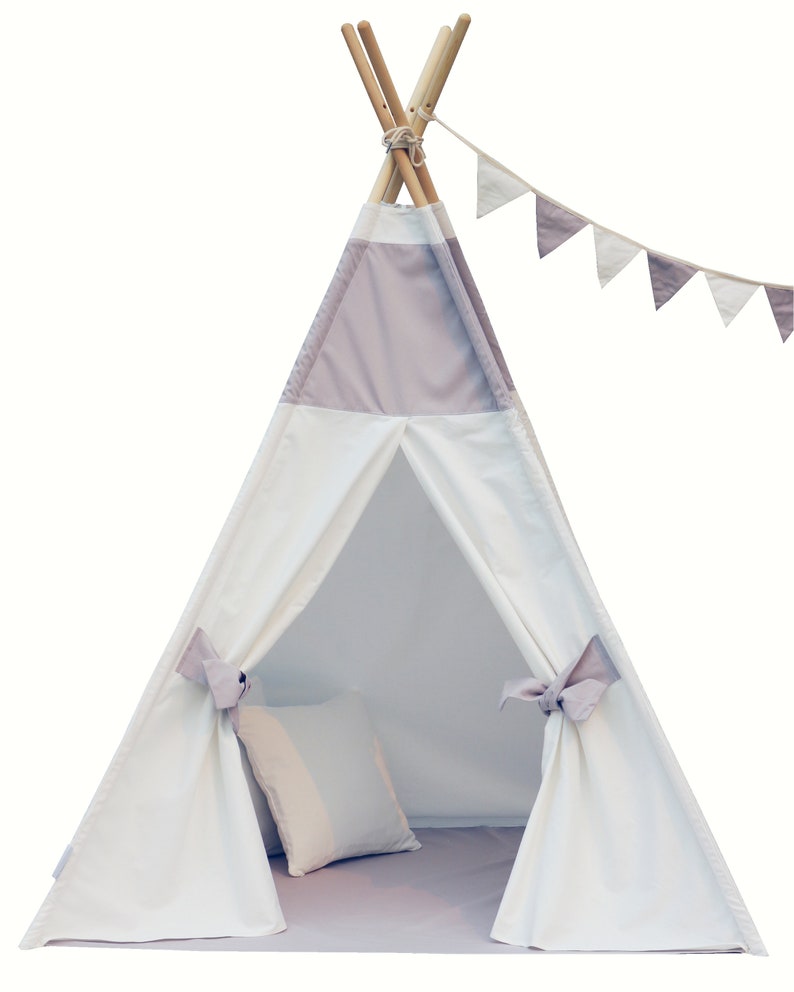 Gray & White Teepee Package includes teepee with floor, window, pocket, LED light, flags banner, storage bag image 2