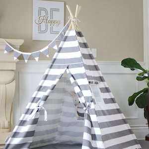 Grey Stripe Teepee Bundle with Poles,Floor,LED Light, Flags and Storage Bag