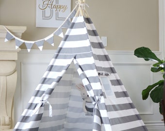 Grey Stripe Teepee Bundle with Poles,Floor,LED Light, Flags and Storage Bag