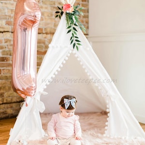 Off White Pompom Teepee Package with Poles, Floor, Window, Pocket, LED Light, Flags Banner and Storage bag, Tipi, Girls Room Decor