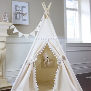 Natural Pom Pom Teepee Package with Floor, Window, Pocket,Poles,LED Light,Flags Banner, Storage Bag, Girls Room Decor image 3