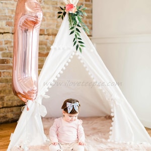 Off White Pompom Teepee Package with Poles, Floor, Window, Pocket, LED Light, Flags Banner and Storage bag, Tipi, Girls Room Decor