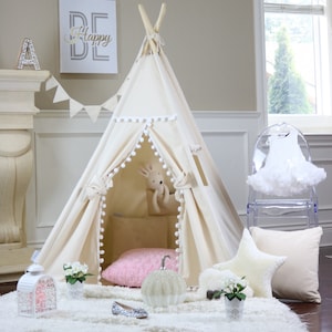 Natural Pom Pom Teepee Package with Floor, Window, Pocket,Poles,LED Light,Flags Banner, Storage Bag, Girls Room Decor image 4