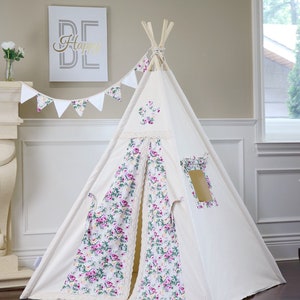 Floral Teepee Package with Poles, Floor,Window, Pocket , LED light, Flags,Teepee, Kids Teepee,Play Tent, Tipi, Playhouse, Kids