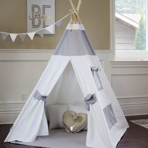 Gray & White Teepee Package includes teepee with floor, window, pocket, LED light, flags banner, storage bag image 1