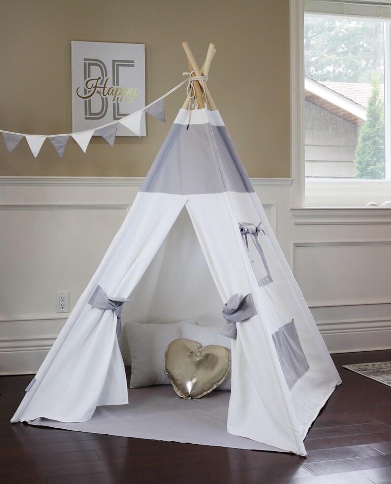Gray & White Teepee Package includes teepee with floor, window, pocket, LED light, flags banner, storage bag image 1