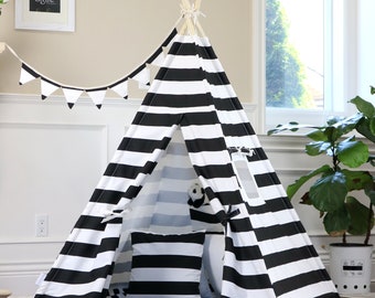 Black Stripe Teepee Package with poles, LED light, flags banner and storage bag