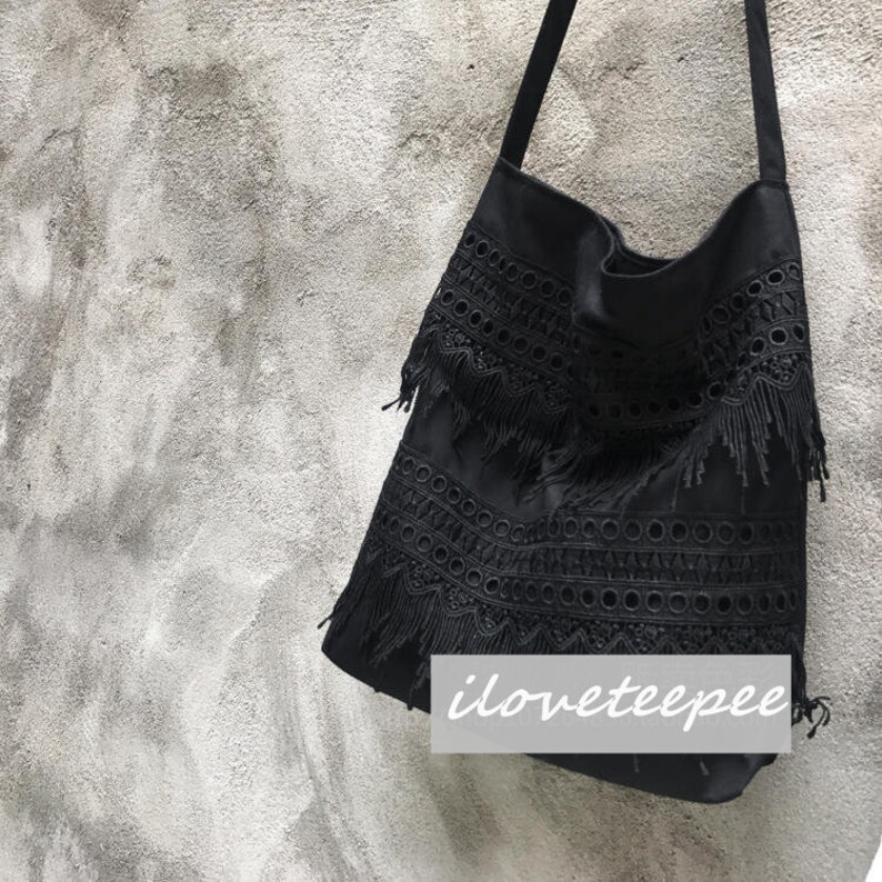 Canvas Tote Bag Black Tassels