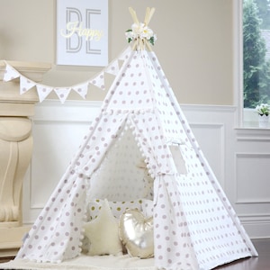 Lilac Polka Dot Pompom Teepee Package with Poles, Floor, LED Light,Flags, Kids Teepee, Play Tent,  Teepee Tent, Tipi, Girls Room Decor