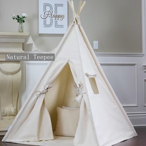 Original Canvas Teepee Package with Poles,Floor, Window, Pocket, LED Light,Flags Banner, Storage Bag, kids Room Decor