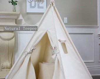 Original Canvas Teepee Package with Poles,Floor, Window, Pocket, LED Light,Flags Banner, Storage Bag, kids Room Decor