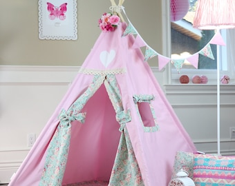 Belle Teepee Bundle with Teepee,Poles,Cushioned Mat,LED Light,Flags and Storage bag, Tipi, Girls Room Decor