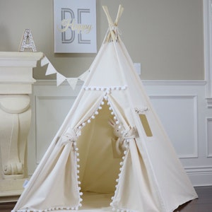 Natural Pom Pom Teepee Package with Floor, Window, Pocket,Poles,LED Light,Flags Banner, Storage Bag, Girls Room Decor