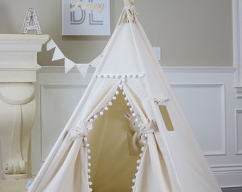 Natural Pom Pom Teepee Package with Floor, Window, Pocket,Poles,LED Light,Flags Banner, Storage Bag, Girls Room Decor