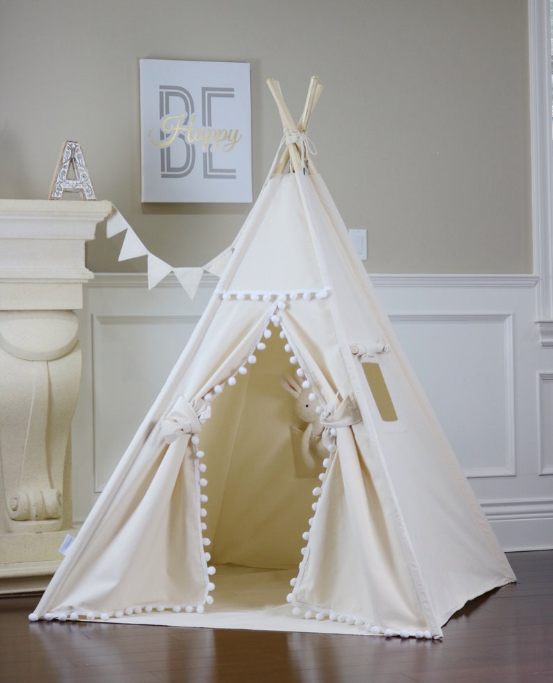 Natural Pom Pom Teepee Package with Floor, Window, Pocket,Poles,LED Light,Flags Banner, Storage Bag, Girls Room Decor image 1