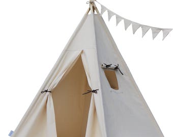 Organic Canvas Teepee Bundle with Poles,Floor, Window, Pocket, LED Light,Flags Banner and Storage Bag,Tipi, Kids Room Decor