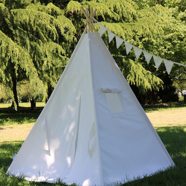 White Canvas Teepee Package with Poles,Floor, Window, Pocket, LED Light,Flags Banner, Storage Bag, Tipi, Kids Room Decor