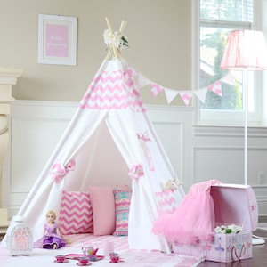 Pink Chevron Teepee Package with Poles, LED Light,Flags Banner, Storage Bag, Tipi, Girls Room Decor