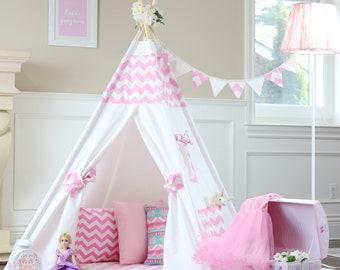 Pink Chevron Teepee Package with Poles, LED Light,Flags Banner, Storage Bag, Tipi, Girls Room Decor